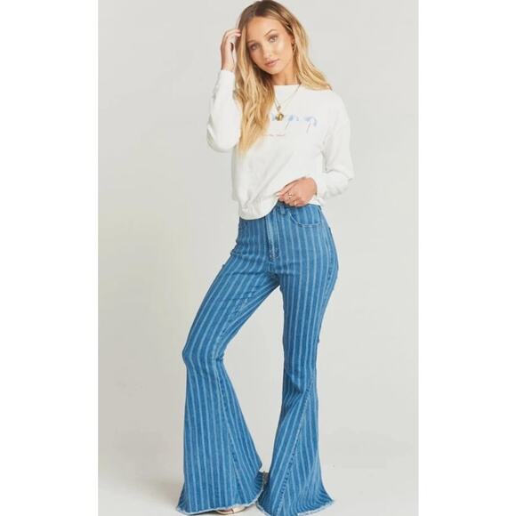 Show Me Your Mumu Berkeley Flared Jeans Denim Fountain Stripe Blue Womens US 27 - Picture 1 of 10